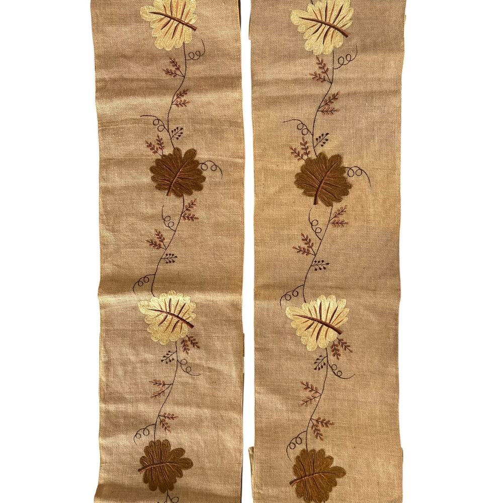 Embroidered Fall Harvest Leaves Burlap Table Runner 72" Set of 2